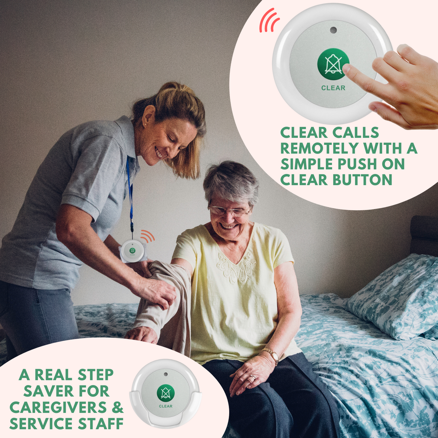 SYNLETT 2 Wireless Call System Receivers and 46 Call Buttons for Clinic Nursing Home 7 Languages 8 Alert Tones, White