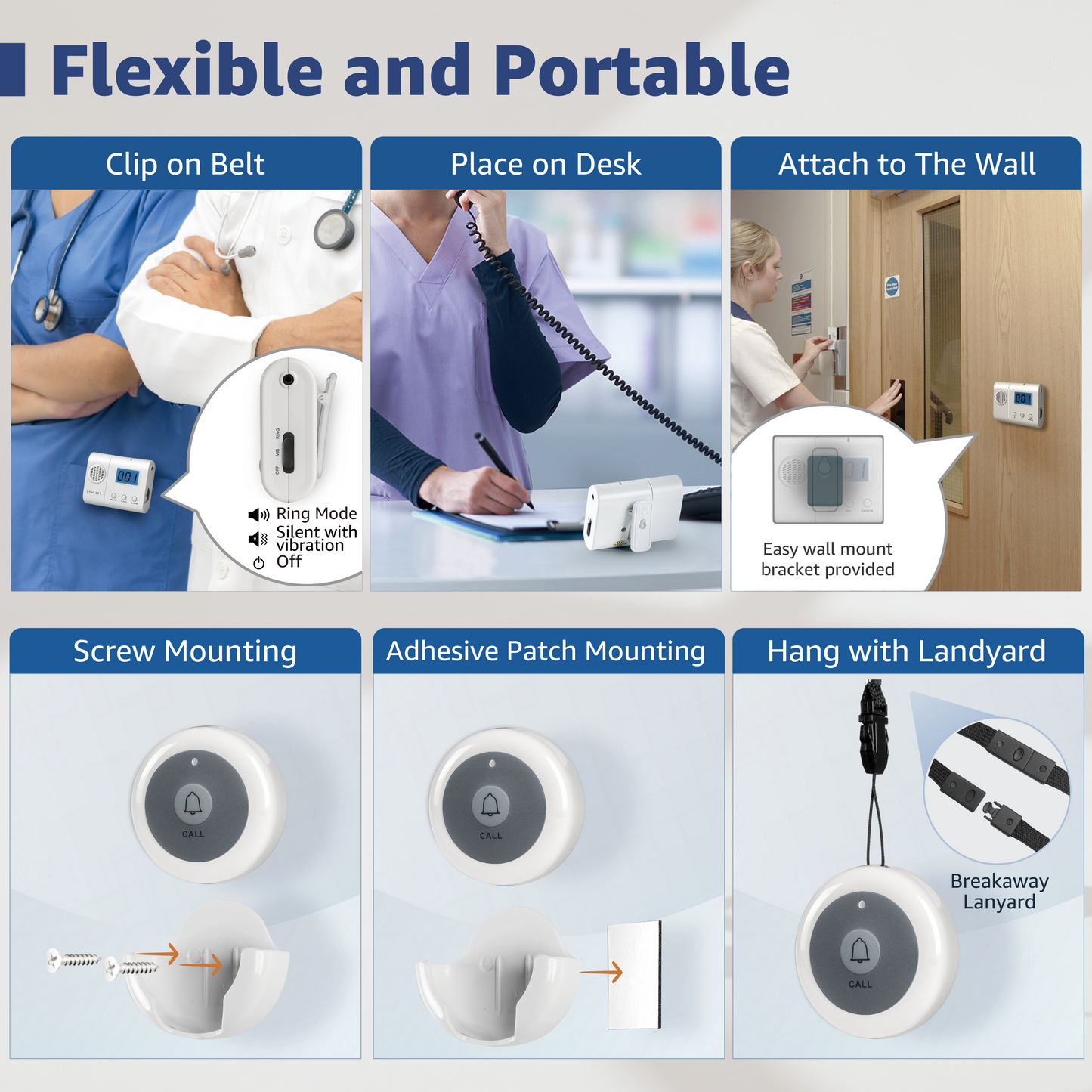 SYNLETT Nurse Call System with 1 Portable Caregiver Pager and 10 Call Buttons