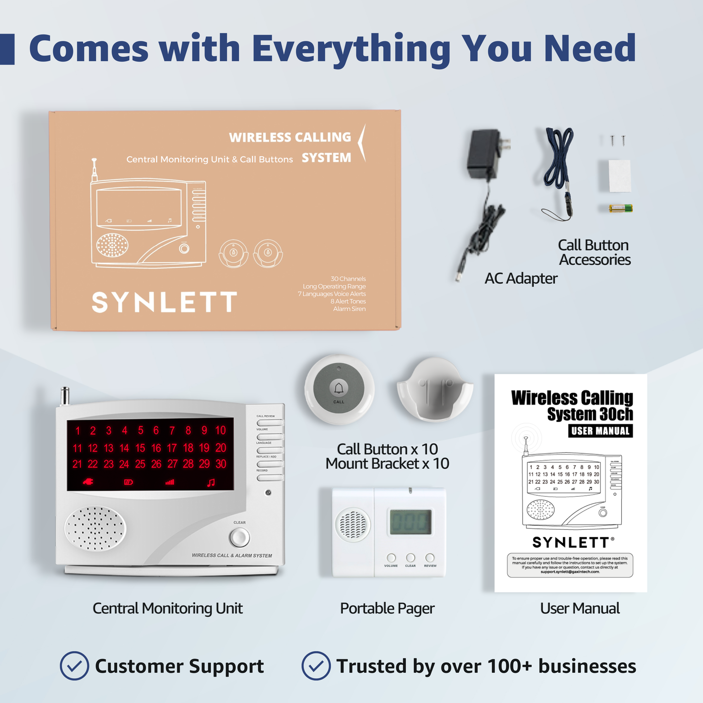 SYNLETT Nurse Call System with 1 Portable Caregiver Pager and 10 Call Buttons