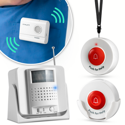 SYNLETT Bed Alarm Caregiver Pager with 2 Call Buttons and 1 Motion Sensor