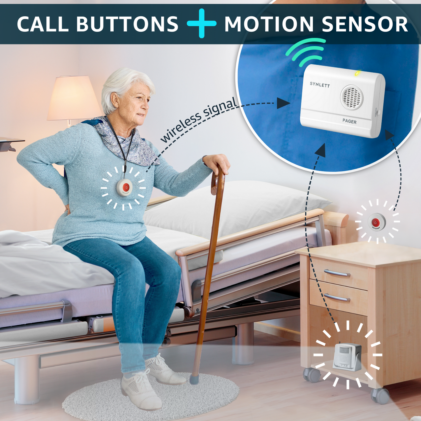 SYNLETT Bed Alarm Caregiver Pager with 2 Call Buttons and 1 Motion Sensor