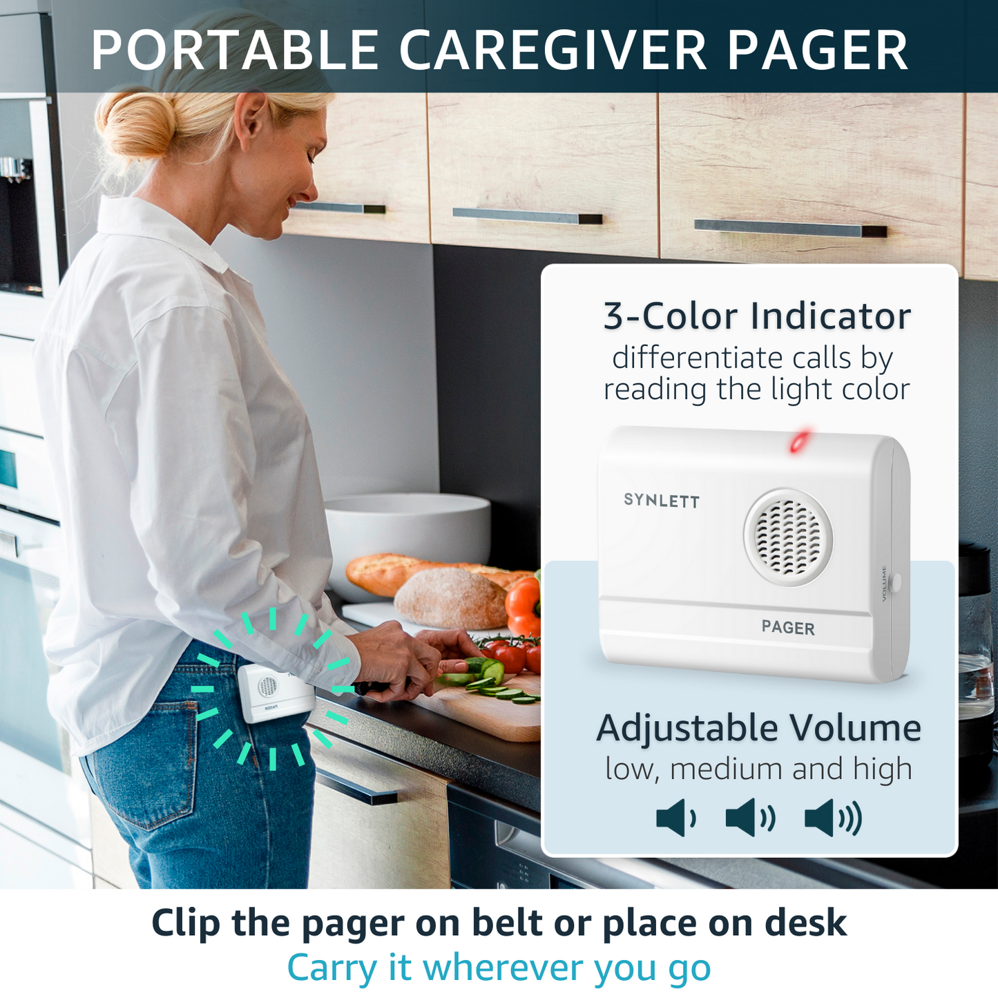 SYNLETT Bed Alarm Caregiver Pager with 2 Call Buttons and 1 Motion Sensor