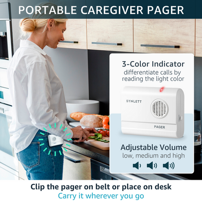 SYNLETT Bed Alarm Caregiver Pager with 2 Call Buttons and 1 Motion Sensor