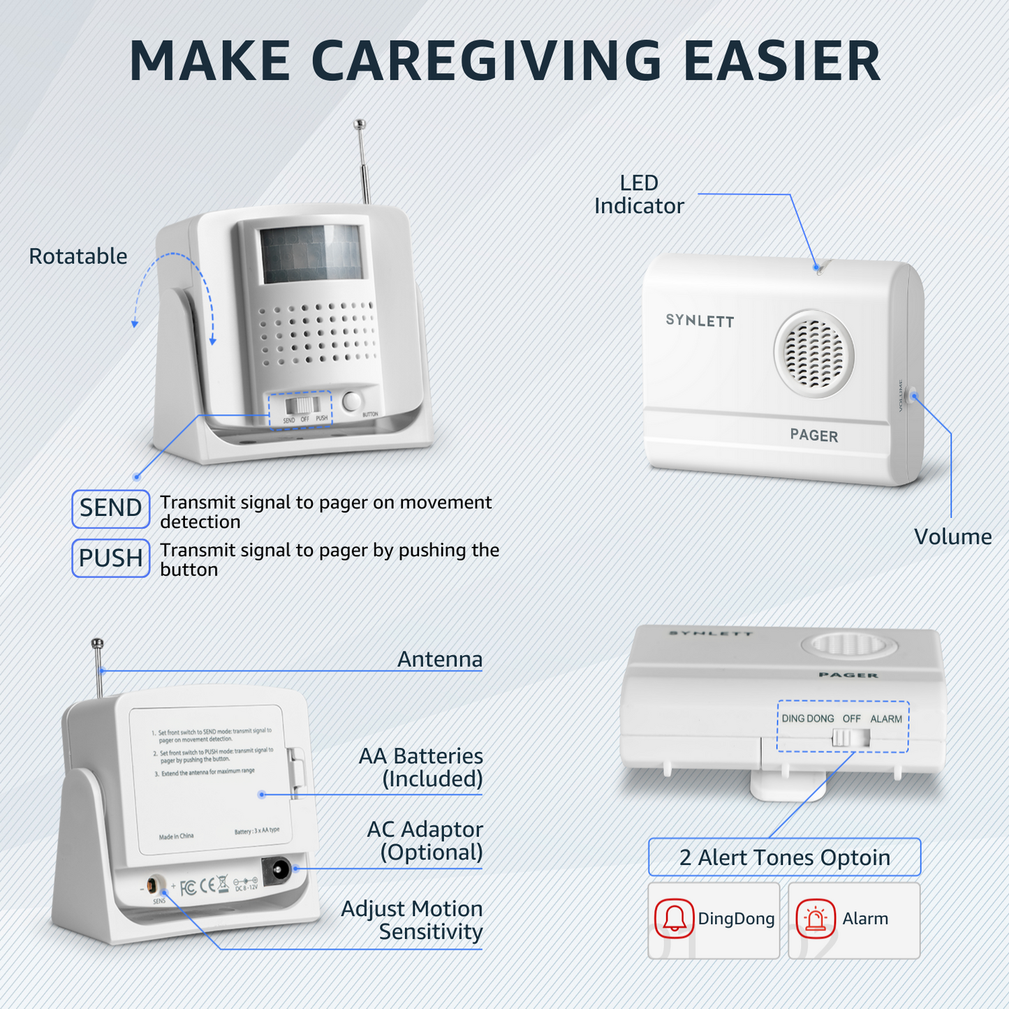 SYNLETT Bed Alarm Caregiver Pager with 2 Call Buttons and 1 Motion Sensor