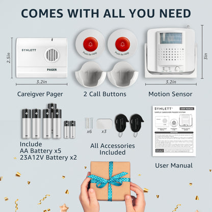 SYNLETT Bed Alarm Caregiver Pager with 2 Call Buttons and 1 Motion Sensor