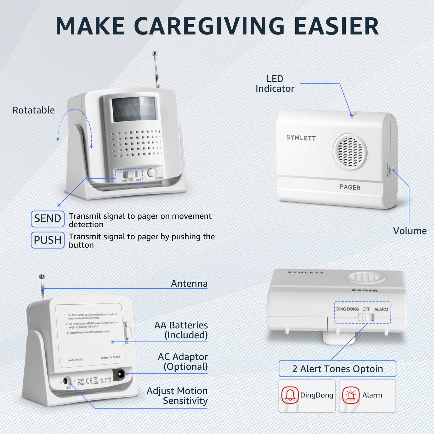 SYNLETT Bed Alarm Caregiver Pager with Motion Sensor