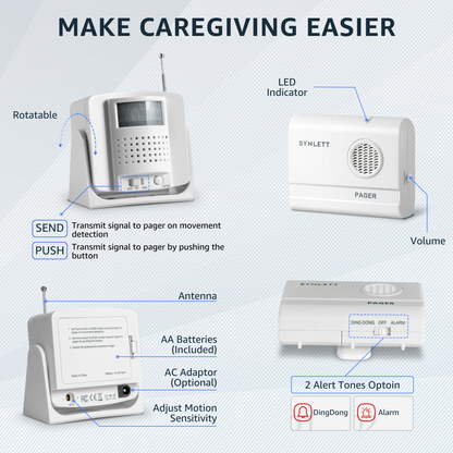 SYNLETT Bed Alarm Caregiver Pager with Motion Sensor