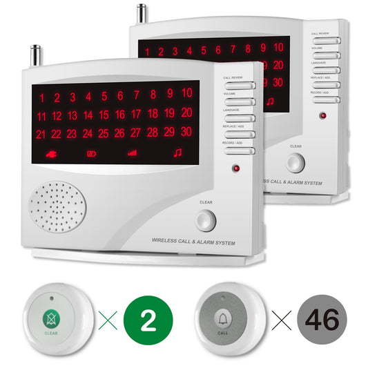 SYNLETT 2 Wireless Call System Receivers and 46 Call Buttons for Clinic Nursing Home 7 Languages 8 Alert Tones, White