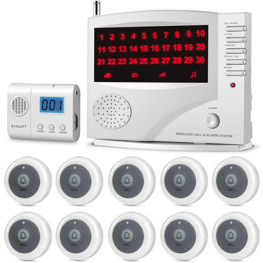 SYNLETT Nurse Call System with 1 Portable Caregiver Pager and 10 Call Buttons
